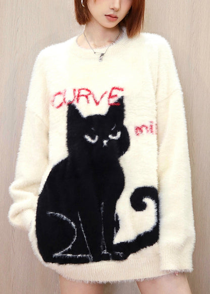 Apricot Cat Mink Hair Knitted Pullover O Neck Spring