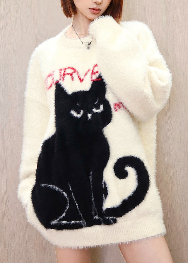 Apricot Cat Mink Hair Knitted Pullover O Neck Spring