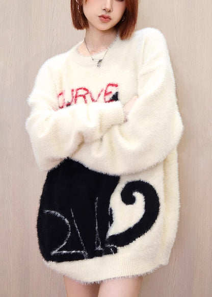 Apricot Cat Mink Hair Knitted Pullover O Neck Spring