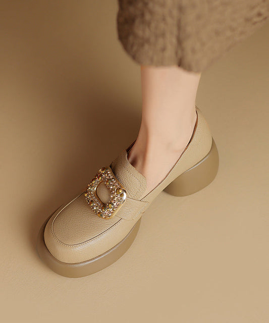 Apricot Chunky Sheepskin Soft Splicing Zircon Loafers for