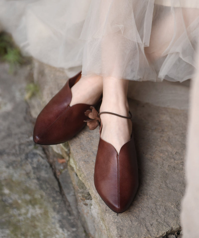 Apricot Cowhide Leather Sandals Splicing Pointed Toe