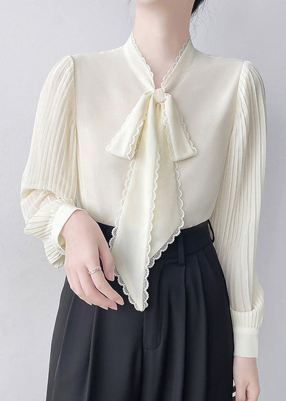 Apricot Draping Chiffon Blouses Bow Wrinkled Spring