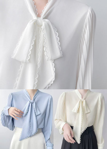 Apricot Draping Chiffon Blouses Bow Wrinkled Spring