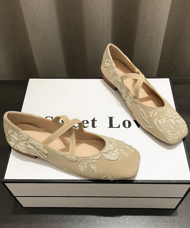 Apricot Embroidered Cross Strap Splicing Flat Shoes for