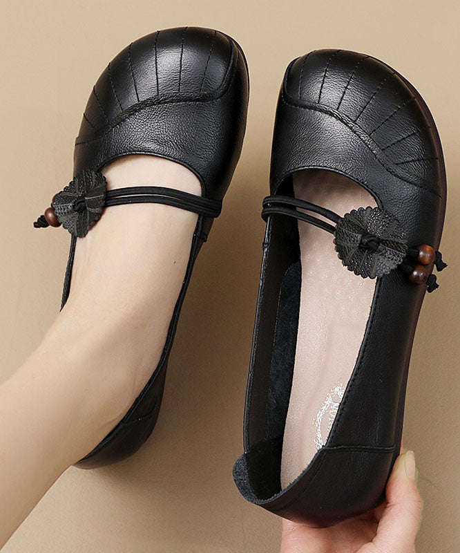 Apricot Flats Cowhide Leather Buckle Strap Flat Shoes