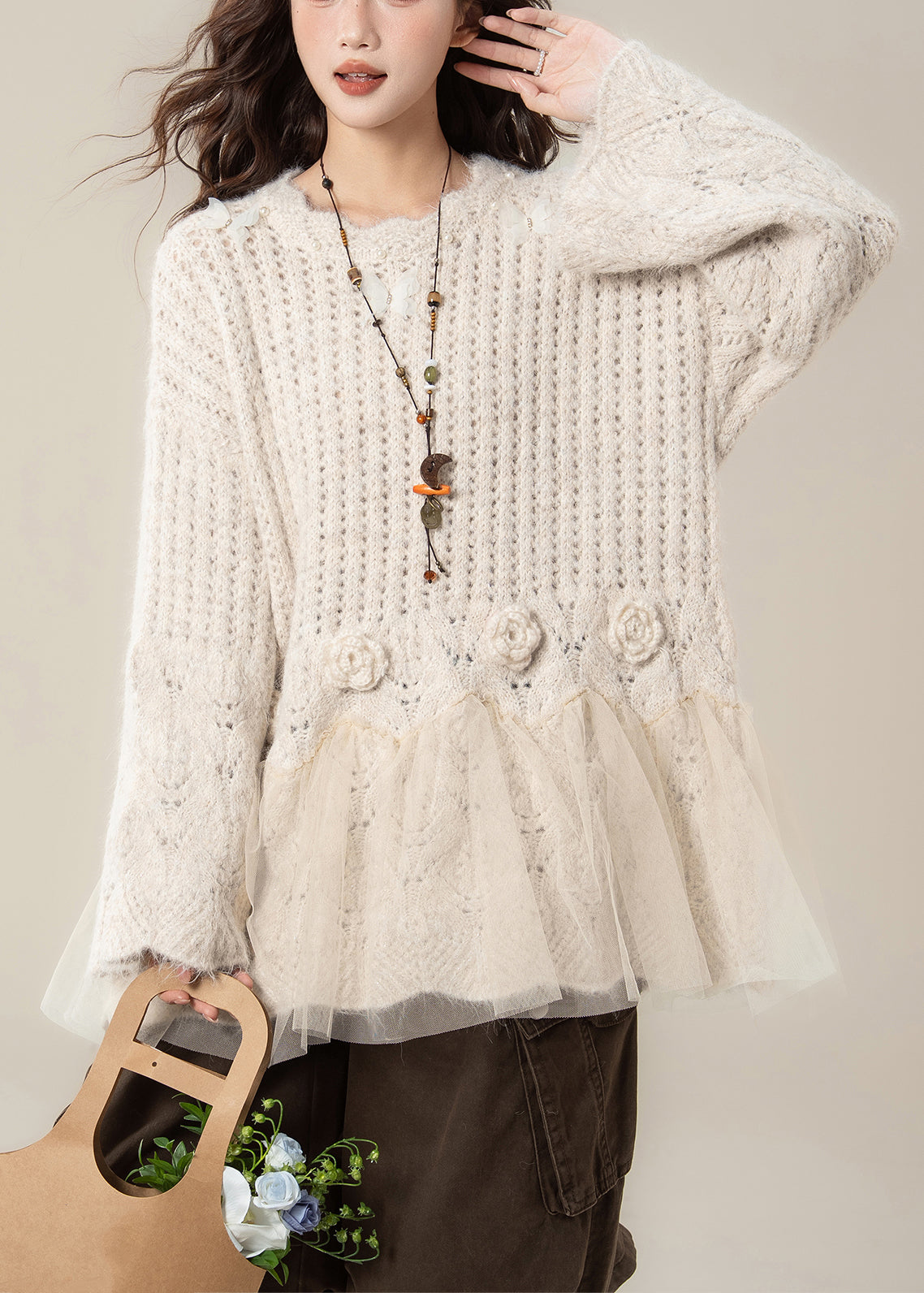 Apricot Pearl Tulle Patchwork Knit Sweaters Hollow Out