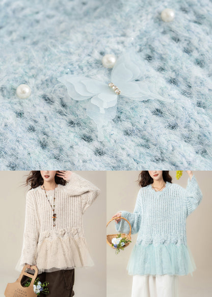Apricot Pearl Tulle Patchwork Knit Sweaters Hollow Out