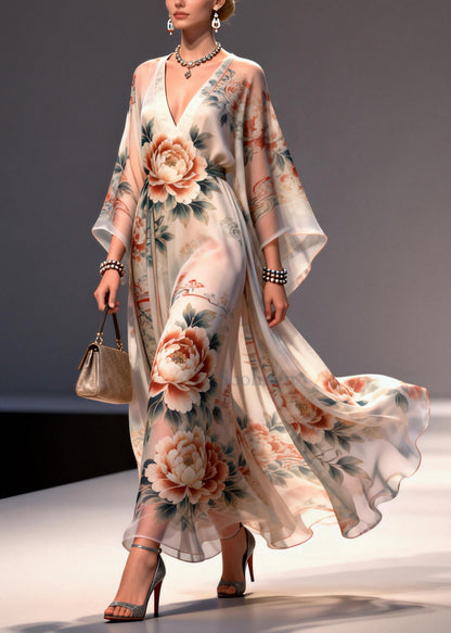 Apricot Print Chiffon Maxi Dresses Exra Large Hem Summer
