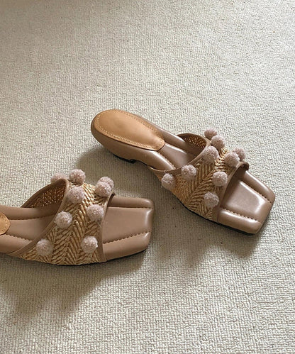 Apricot Fuzzy Ball Ddecorated Splicing Wedge Slide Sandals Peep Toe