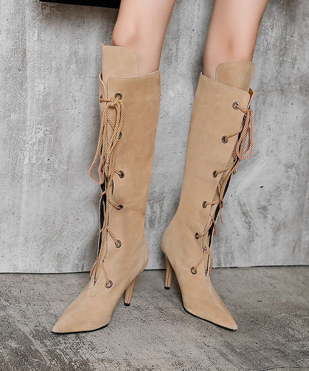 Apricot High Heel Suede Cross Strap Splicing Boots