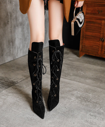 Apricot High Heel Suede Cross Strap Splicing Boots