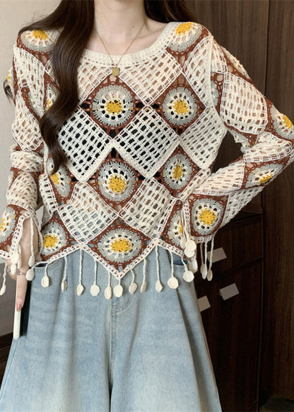 Apricot Hollow Out Knit T Shirt Spring