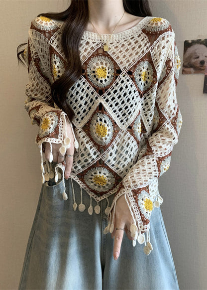 Apricot Hollow Out Knit T Shirt Spring