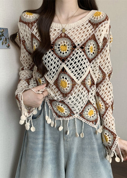 Apricot Hollow Out Knit T Shirt Spring