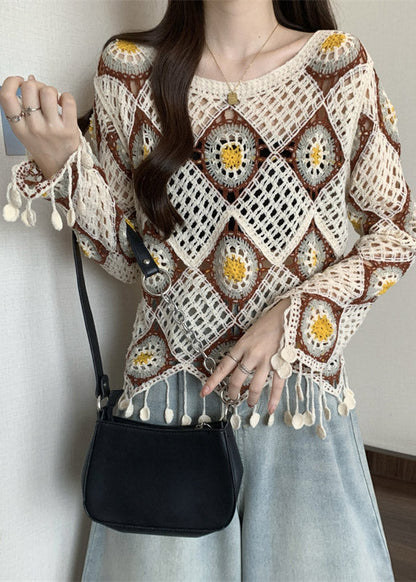 Apricot Hollow Out Knit T Shirt Spring