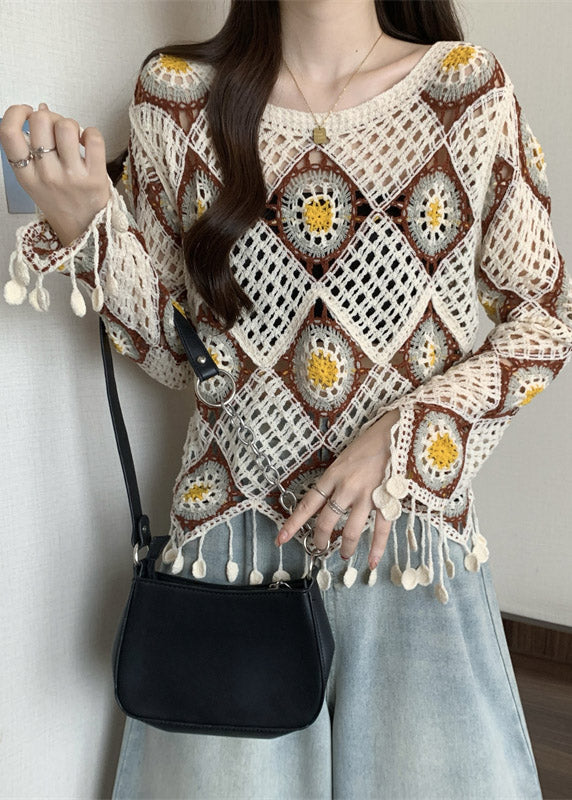 Apricot Hollow Out Knit T Shirt Spring