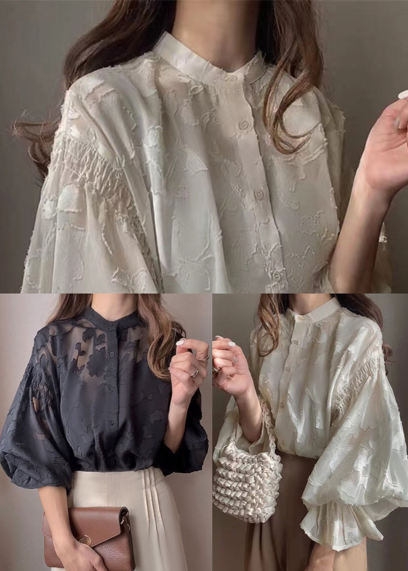 Apricot Jacquard Chiffon Sheer Shirt Lantern Sleeve