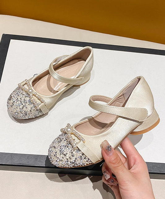 Apricot Kids Nail Bead Zircon Buckle Strap Princess Flat Feet Shoes