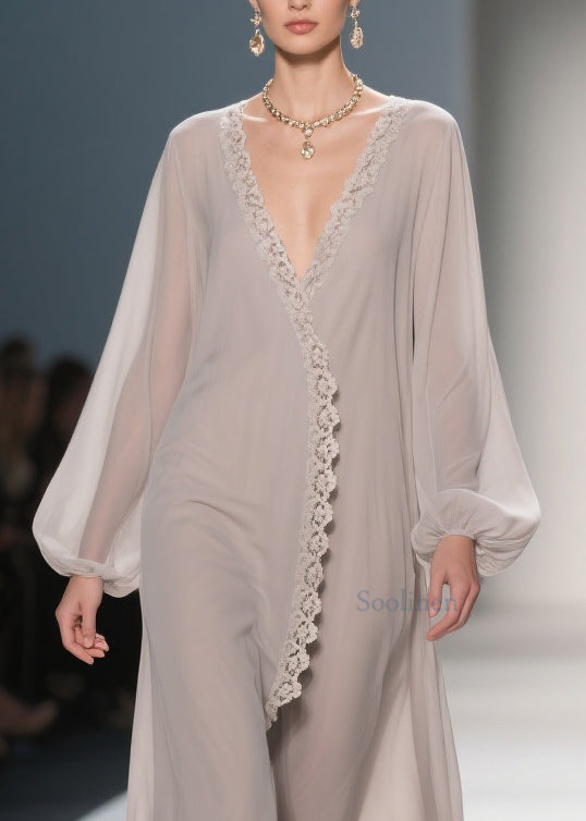 Apricot Lace Chiffon Maxi Dresses V Neck