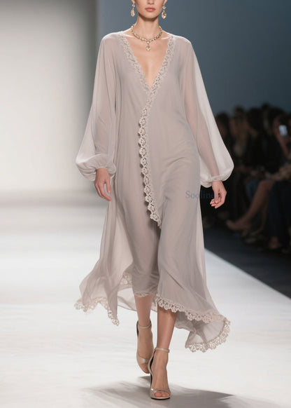 Apricot Lace Chiffon Maxi Dresses V Neck