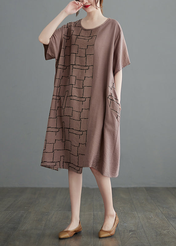 Apricot Loose Cotton Dress O-neck Short Sleeve