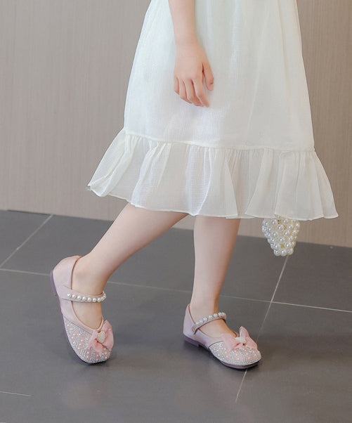 Apricot Nail Bead Zircon Buckle Strap Kids Flat Feet Shoes