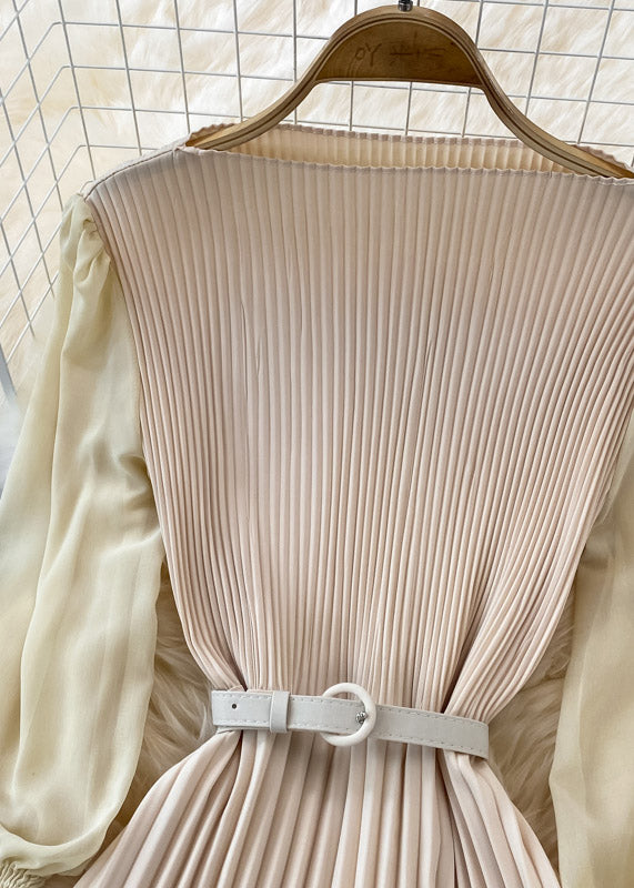 Apricot O-neck Chiffon Sashes Long Pleated Dress Long Sleeve