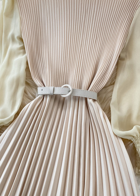 Apricot O-neck Chiffon Sashes Long Pleated Dress Long Sleeve