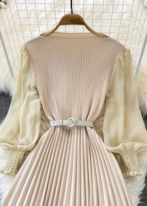 Apricot O-neck Chiffon Sashes Long Pleated Dress Long Sleeve