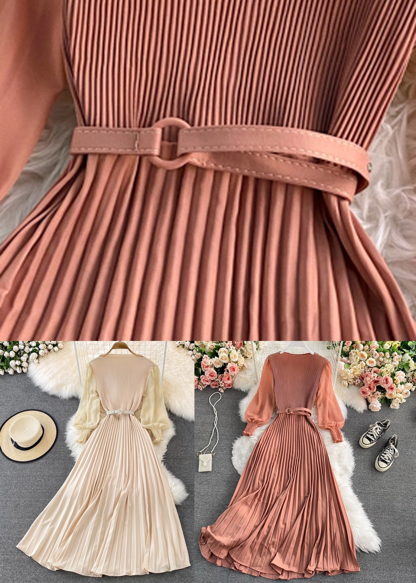 Apricot O-neck Chiffon Sashes Long Pleated Dress Long Sleeve