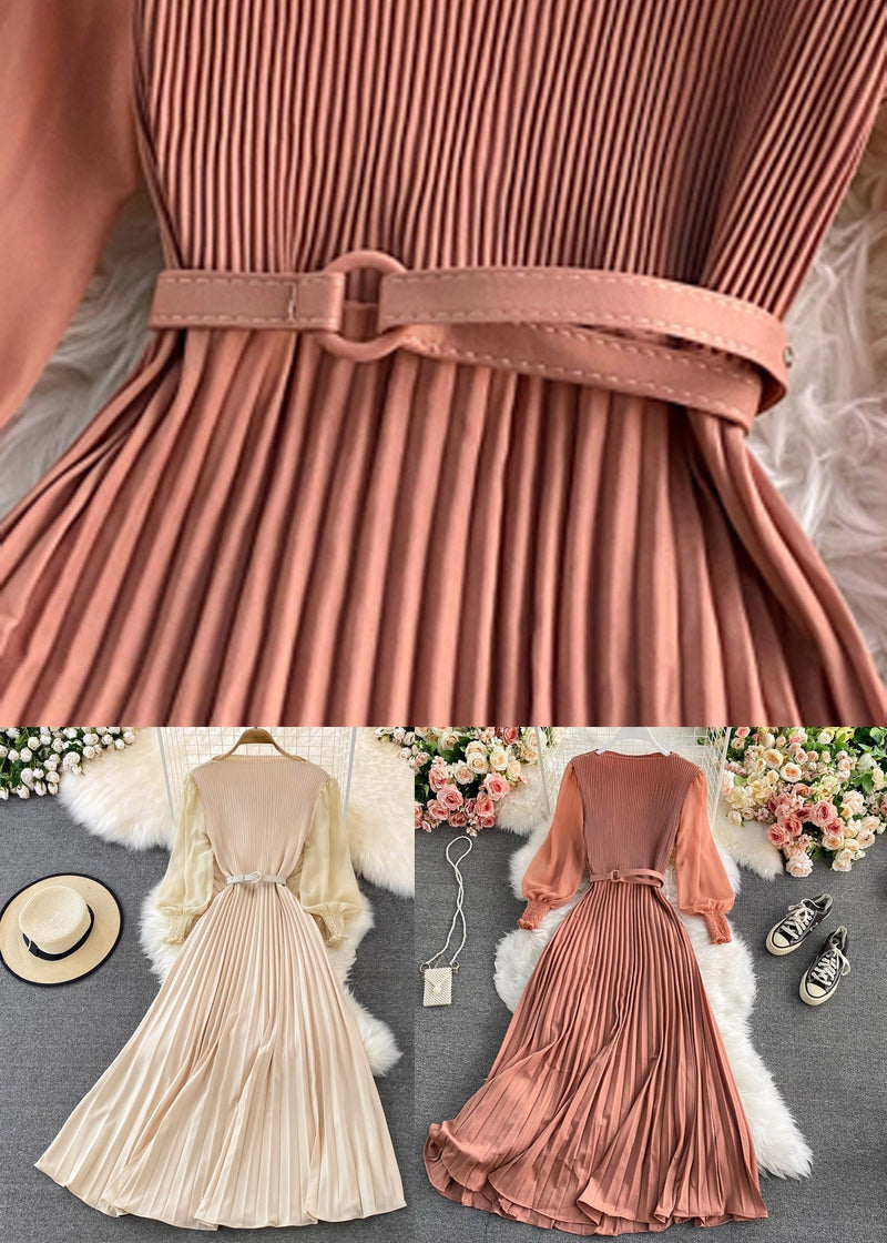 Apricot O-neck Chiffon Sashes Long Pleated Dress Long Sleeve