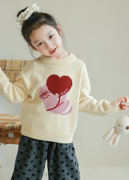 Apricot O-neck Graphic Cotton Knit Sweater Tops Spring