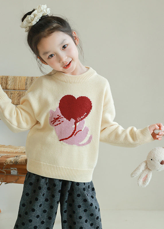 Apricot O-neck Graphic Cotton Knit Sweater Tops Spring