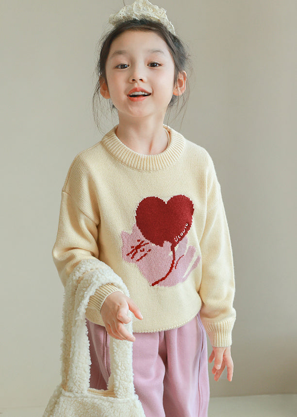 Apricot O-neck Graphic Cotton Knit Sweater Tops Spring