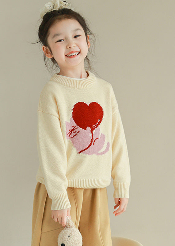 Apricot O-neck Graphic Cotton Knit Sweater Tops Spring
