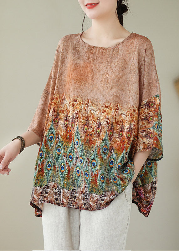 Apricot O-neck Linen T Shirt Long Sleeve