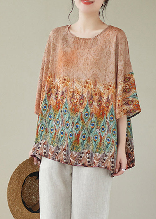 Apricot O-neck Linen T Shirt Long Sleeve