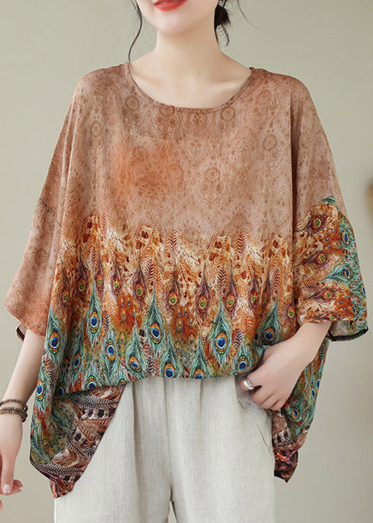 Apricot O-neck Linen T Shirt Long Sleeve