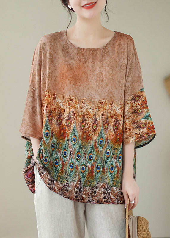 Apricot O-neck Linen T Shirt Long Sleeve