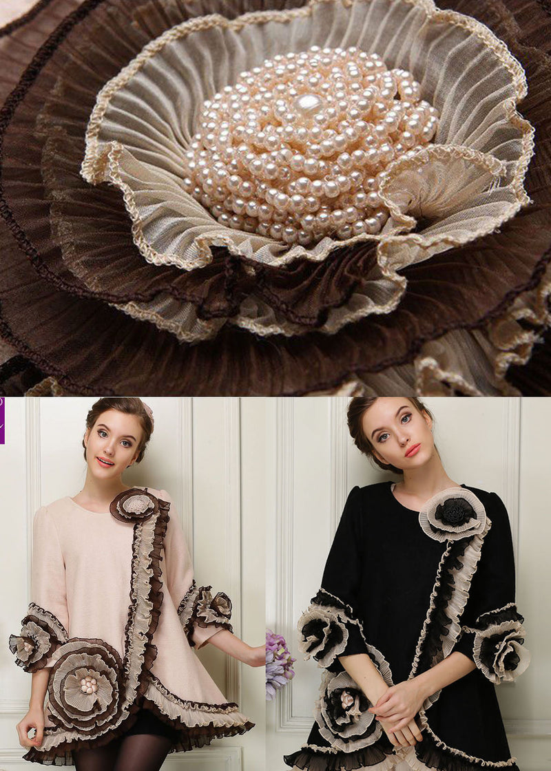 Apricot Patchwork Woolen Coats Ruffled Nail Bead Spring
