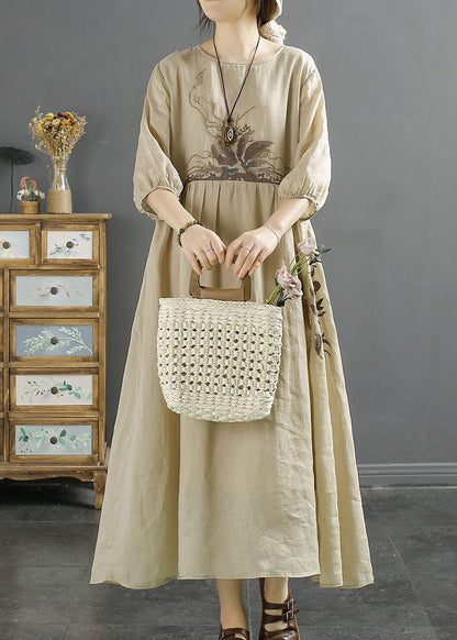 Apricot Patchwork Linen Dresses Embroideried O-neck Wrinkled Bracelet Sleeve