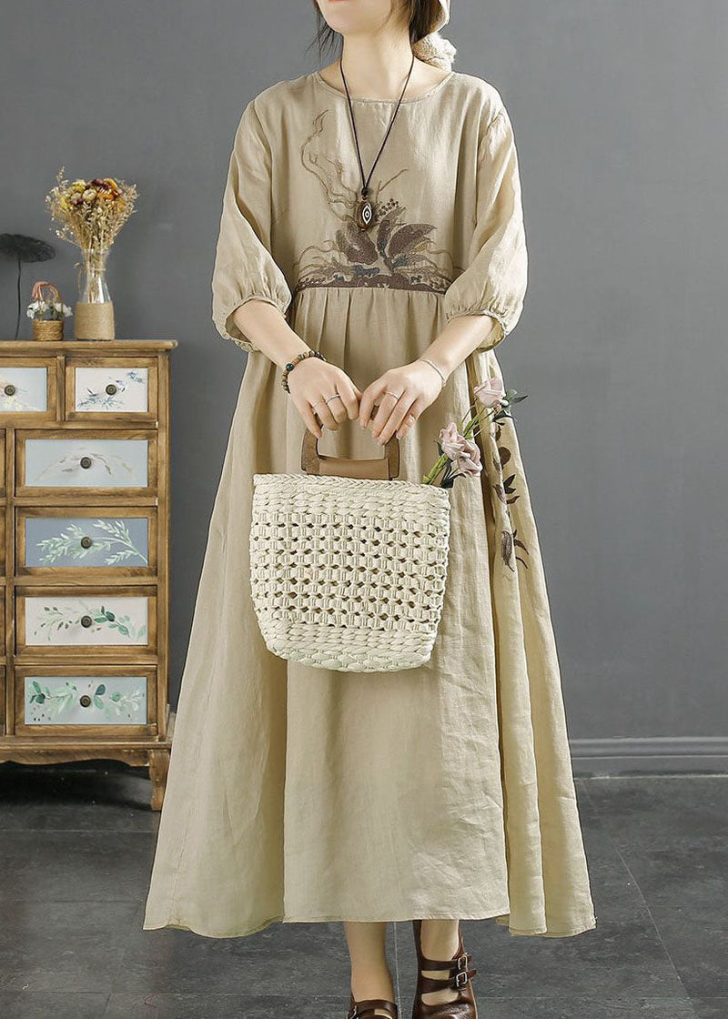 Apricot Patchwork Linen Dresses Embroideried O-neck Wrinkled Bracelet Sleeve