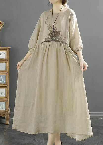 Apricot Patchwork Linen Dresses Embroideried O-neck Wrinkled Bracelet Sleeve