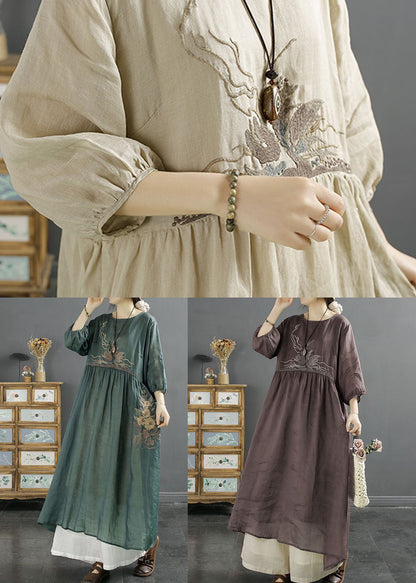 Apricot Patchwork Linen Dresses Embroideried O-neck Wrinkled Bracelet Sleeve
