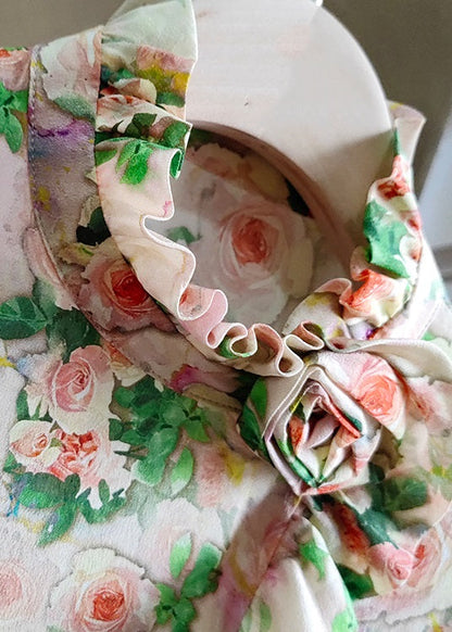 Apricot Patchwork Silk Top Ruffled Long Sleeve