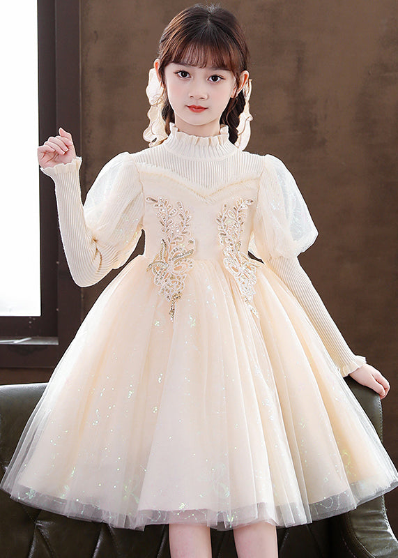 Apricot Patchwork Tulle Kids Dresses Ruffled Sequins Decorated Fall