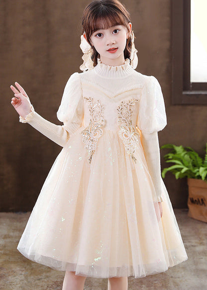 Apricot Patchwork Tulle Kids Dresses Ruffled Sequins Decorated Fall