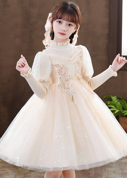Apricot Patchwork Tulle Kids Dresses Ruffled Sequins Decorated Fall