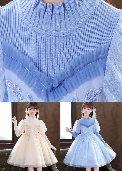 Apricot Patchwork Tulle Kids Dresses Ruffled Sequins Decorated Fall