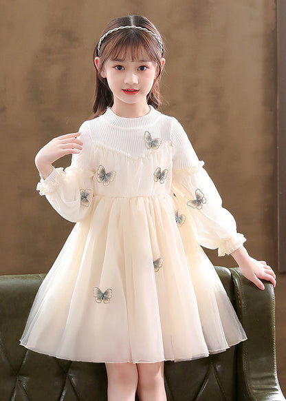 Apricot Patchwork Tulle Kids Dresses Wrinkled Butterfly Fall